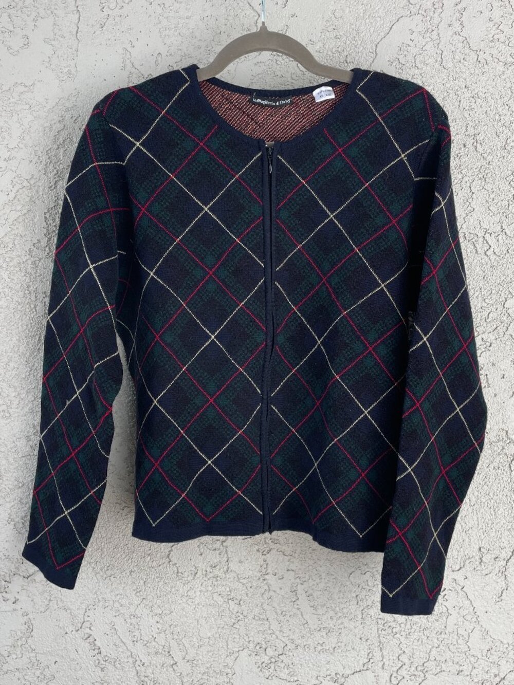 Vintage Italian Extra Fine Merino Wool Full Zip Plaid Cardigan Large Navy Green